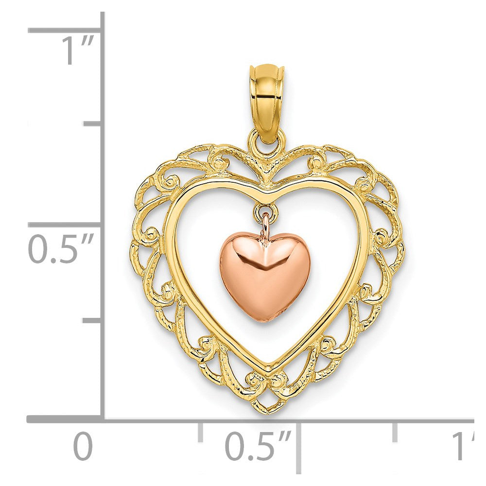 14k Yellow and Rose Polished Dangling Heart In Heart Charm