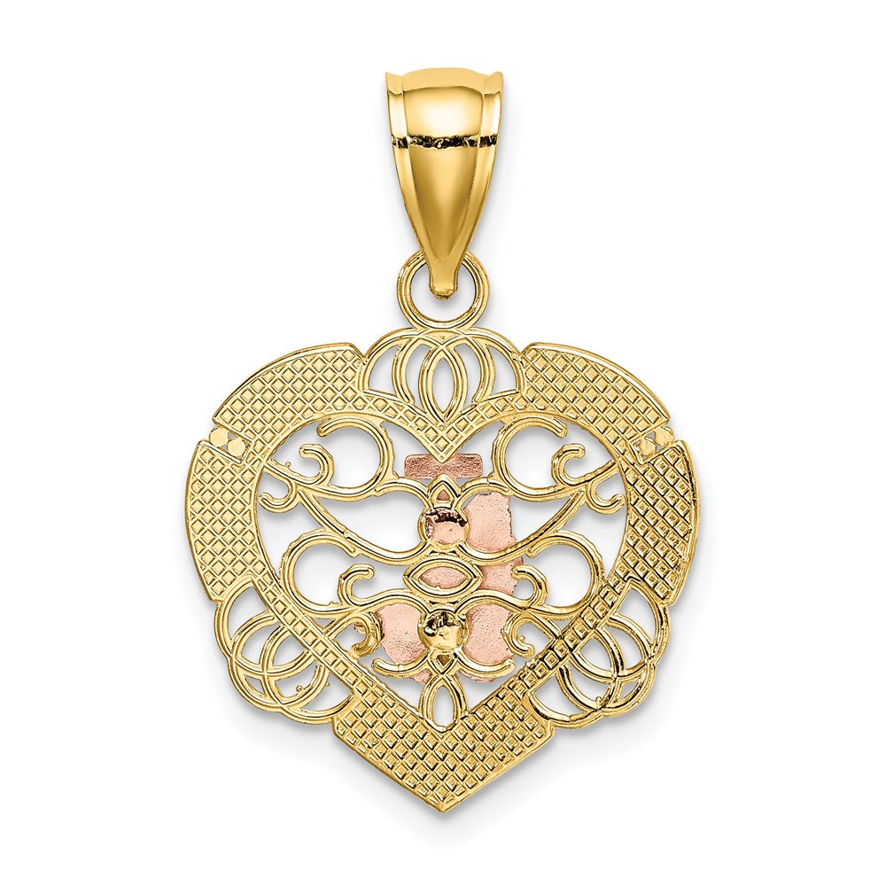 14K Two-tone and White Rhodium Praying Hands and Cross in Heart Charm