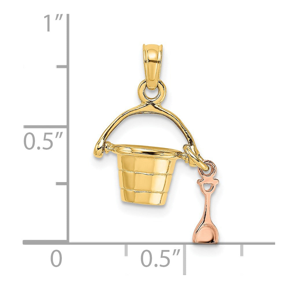 14K Rose and Yellow Gold 3-D Beach Bucket and Moveable Shovel Charm