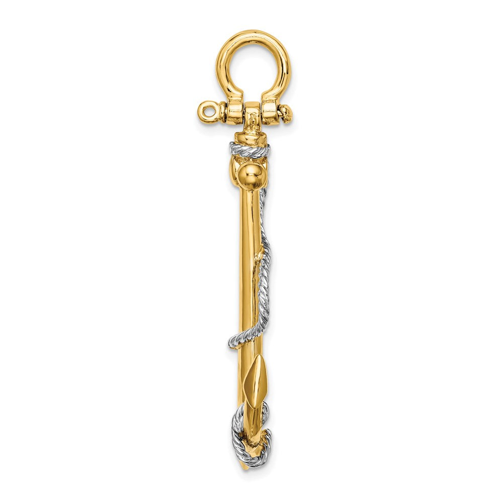14K and White Rhodium 3-D Large Anchor with Rope and Shackle Bail Charm