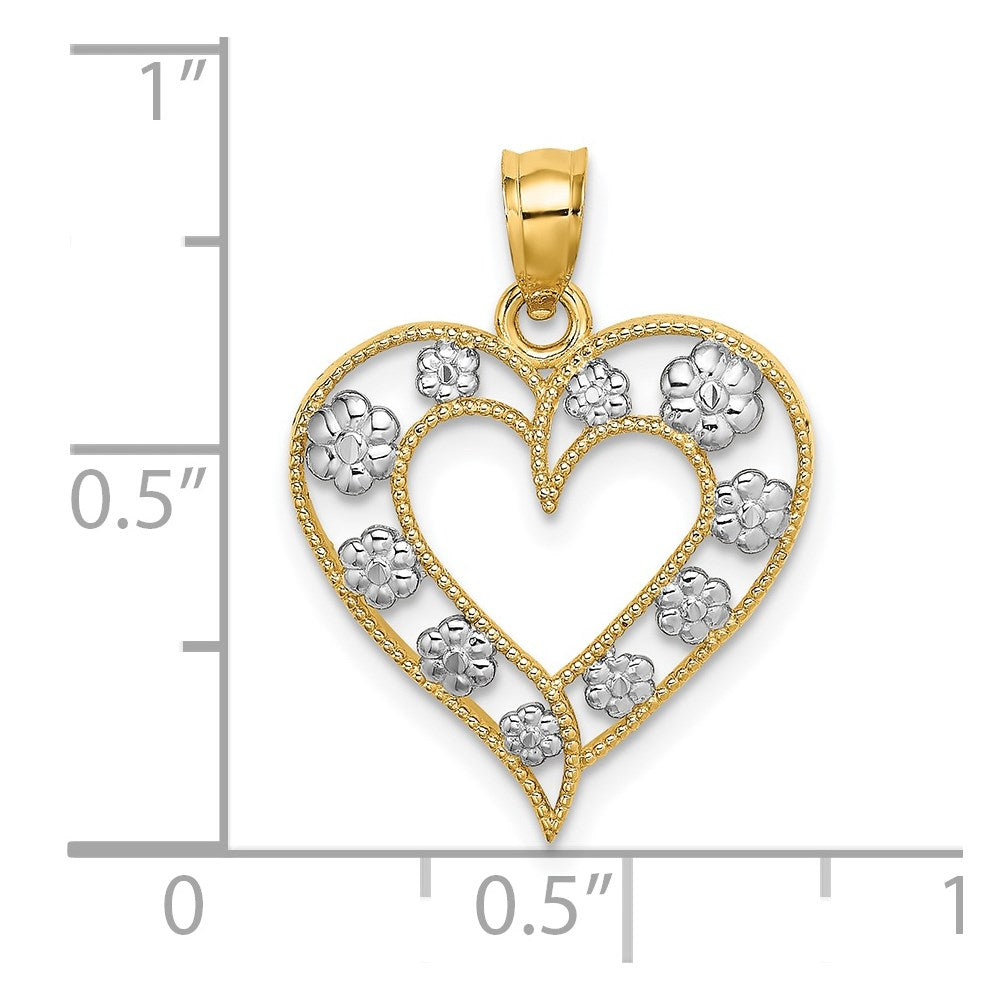 14k Two-Tone Textured Cut-Out Heart with Flowers Charm
