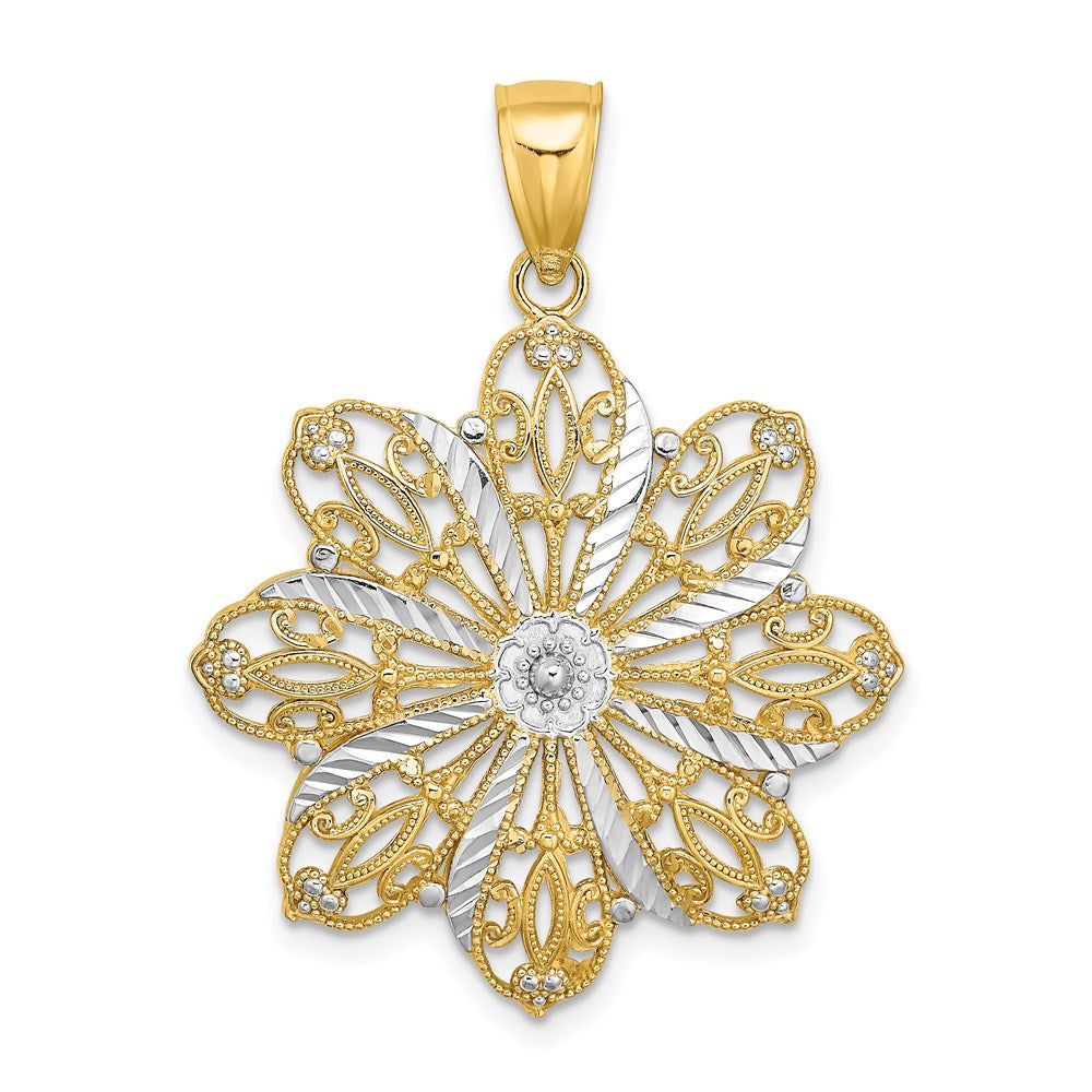 14K and White Rhodium Diamond-cut Flower Pendant