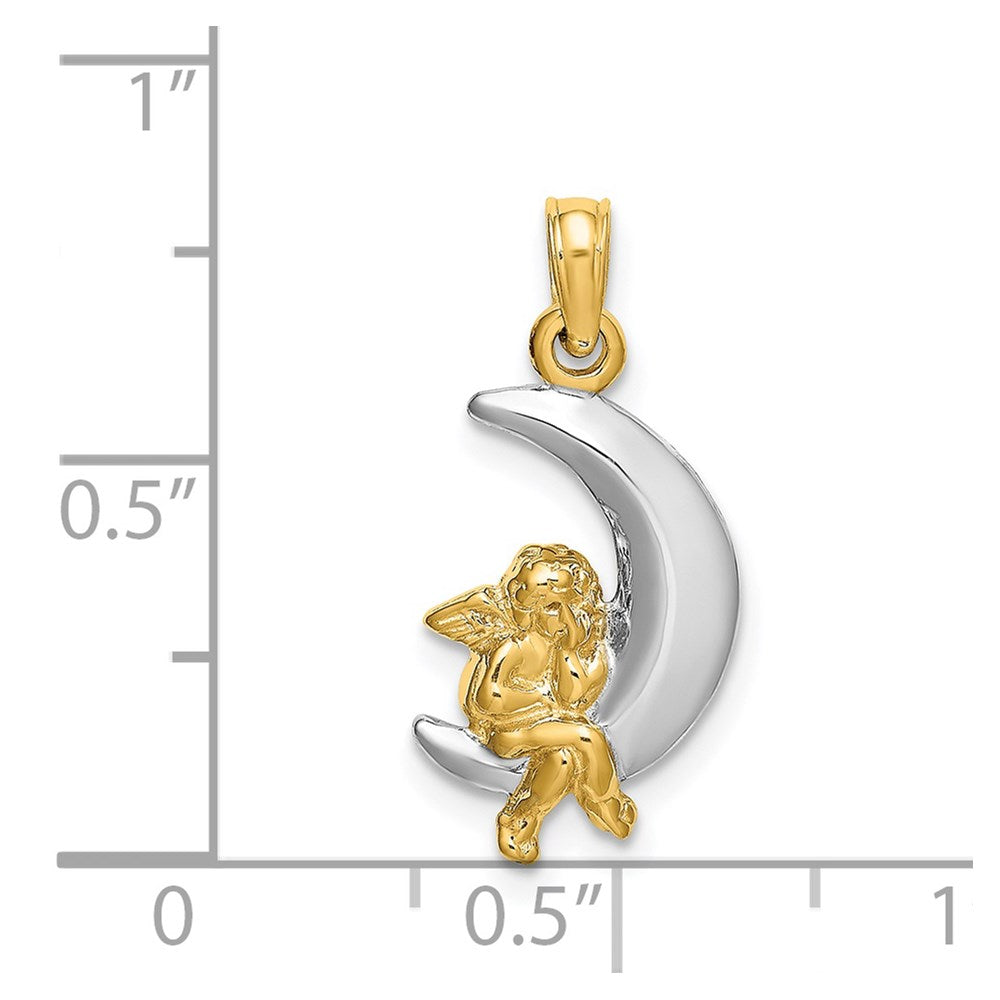 14K and White Rhodium 3-D Angel on Moon Charm