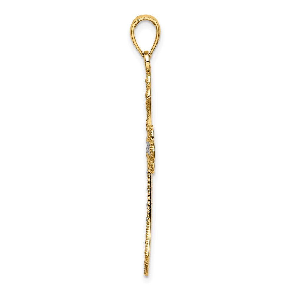 14K with White Rhodium Scalloped Edges Cross Charm