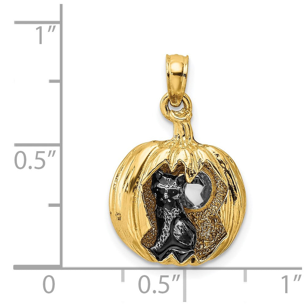 14k and Rhodium 3-D Jack-o-Lantern with Enameled Black Cat and Moon Charm