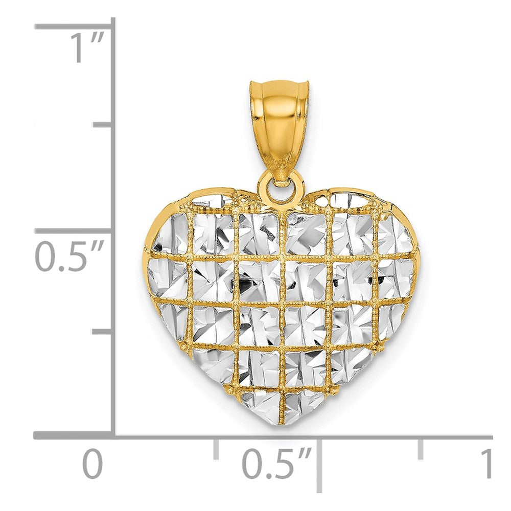 14k and White Rhodium Diamond-cut Grid Heart Charm