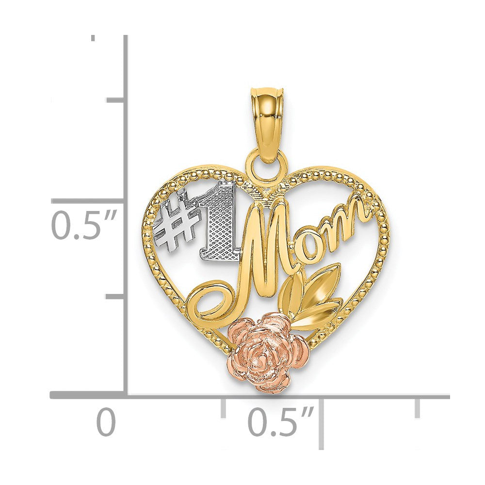14k Two-tone with White Rhodium Textured #1 Mom Heart Charm