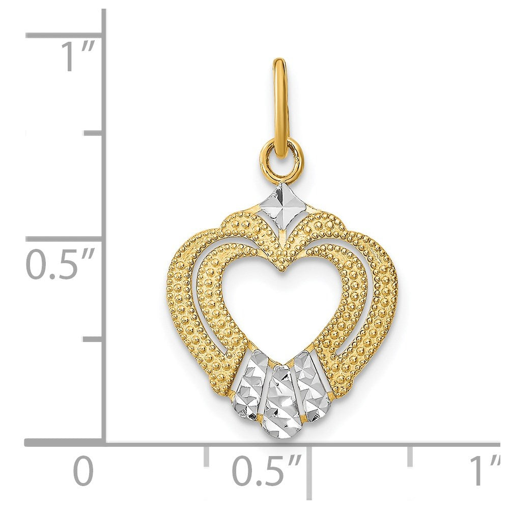 14k and White Rhodium Diamond-cut Textured Heart Charm
