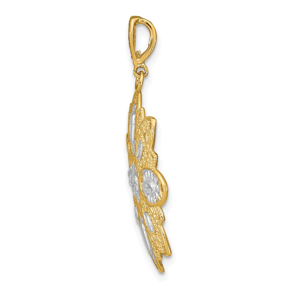 14K and White Rhodium Diamond-cut and Filigree Flower Charm