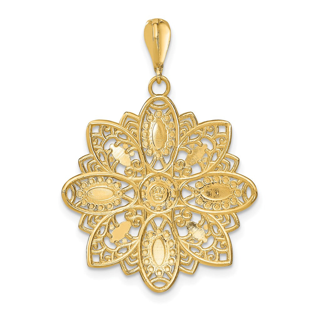 14K and White Rhodium Diamond-cut and Filigree Flower Charm