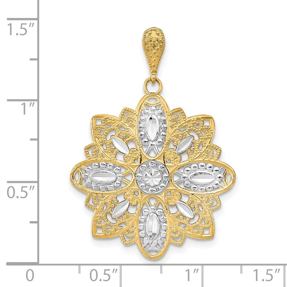 14K and White Rhodium Diamond-cut and Filigree Flower Charm