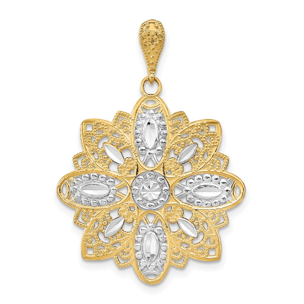 14K and White Rhodium Diamond-cut and Filigree Flower Charm