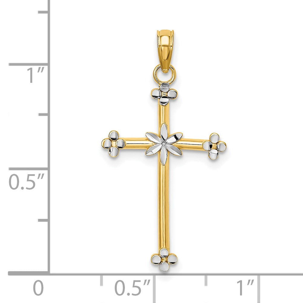 14k and White Rhodium Thin Diamond-cut Cross Charm