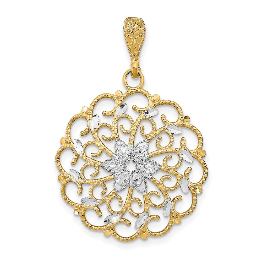 14K and White Rhodium Diamond-cut Scalloped Wave Charm