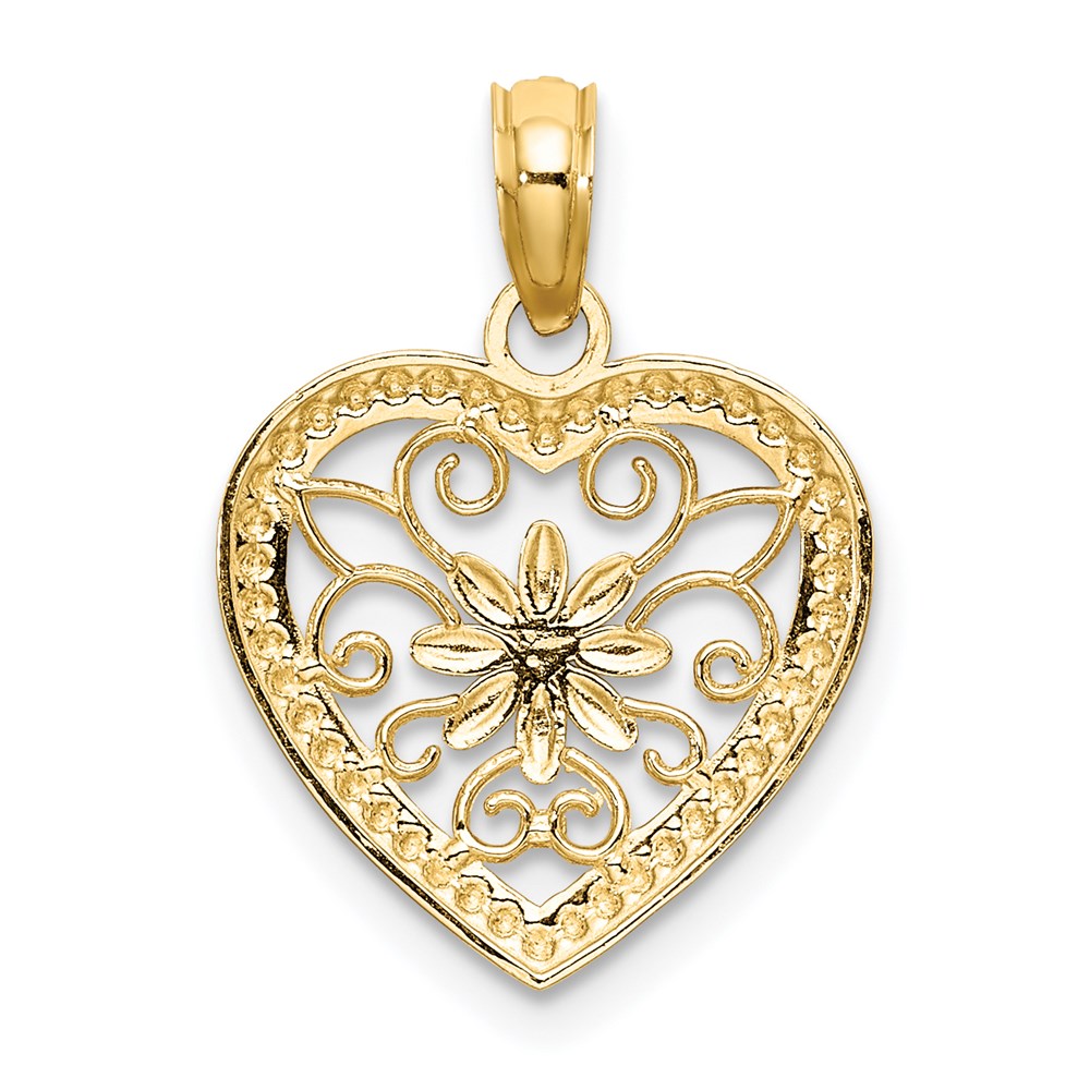 14k and White Rhodium Textured Flower Filigree Heart Charm
