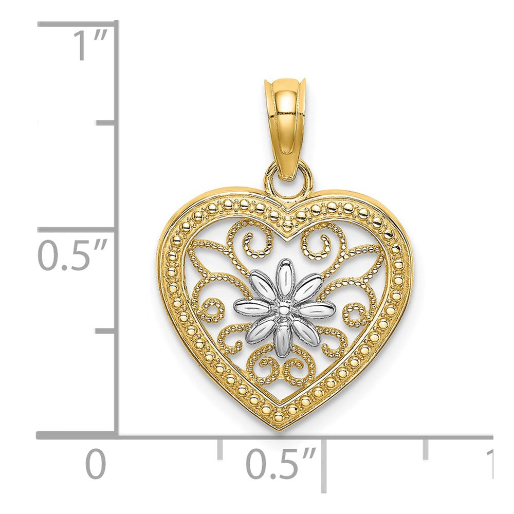 14k and White Rhodium Textured Flower Filigree Heart Charm