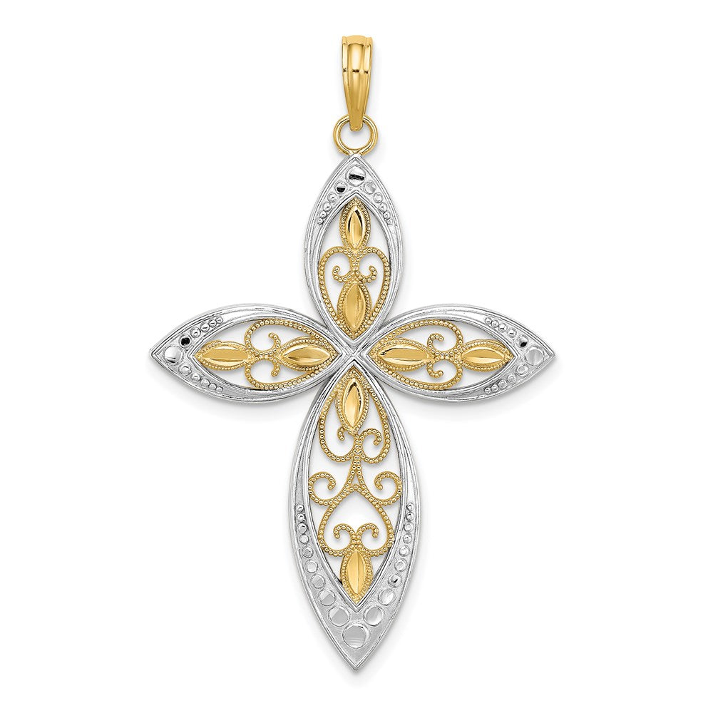 14K with Rhodium Beaded Filigree Cross Charm