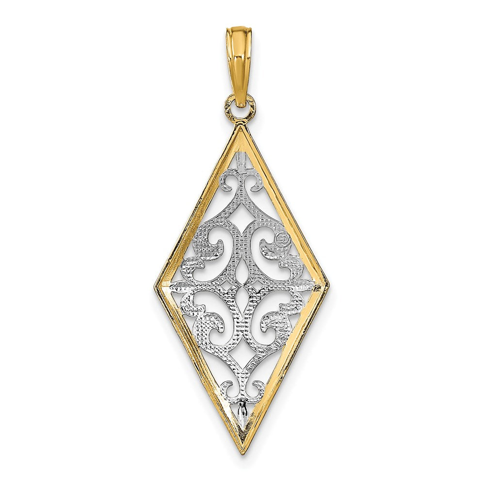14k and White Rhodium Diamond-Shape Cut-Out Filigree Charm