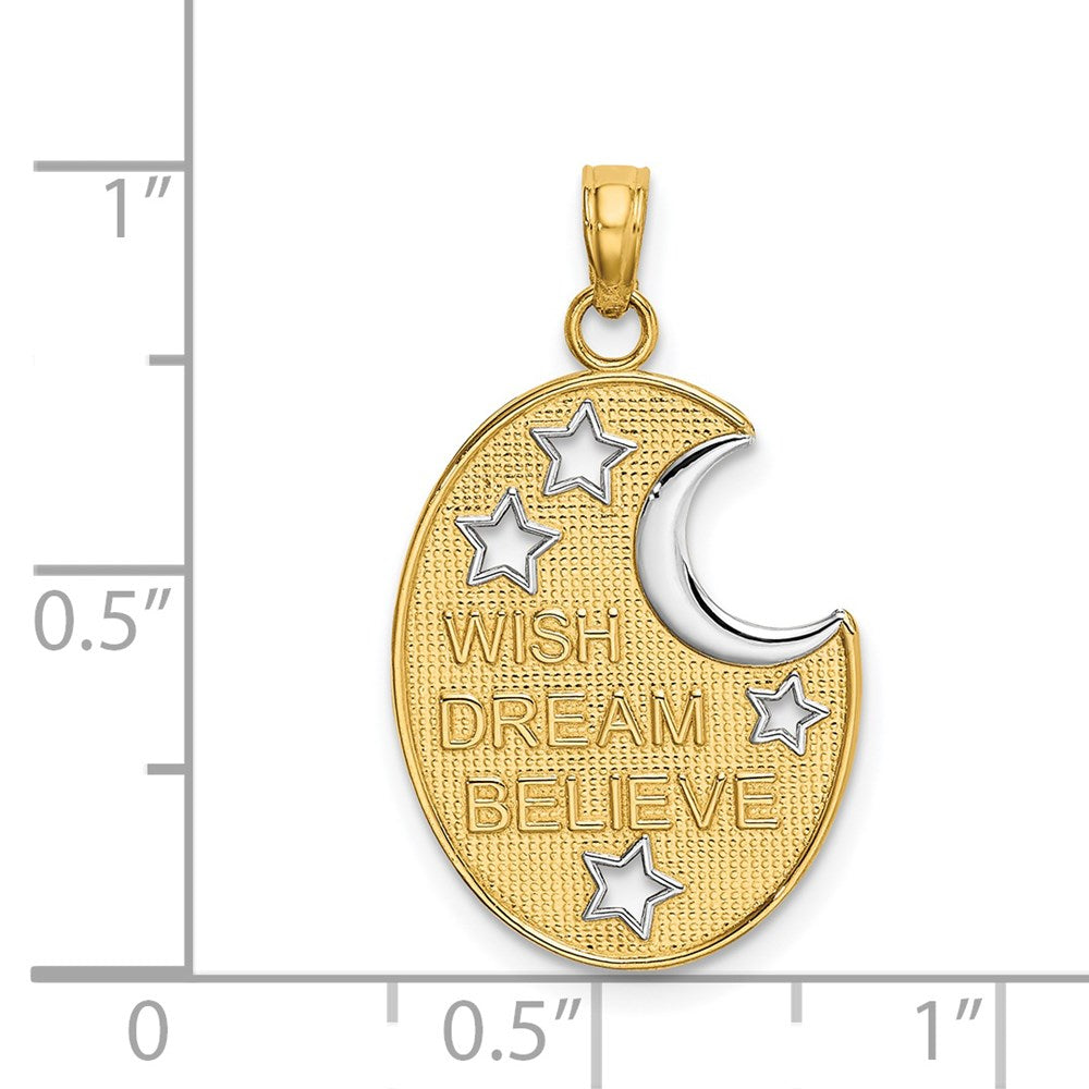 14k and White Rhodium WISH DREAM BELIEVE Moon and Stars Charm