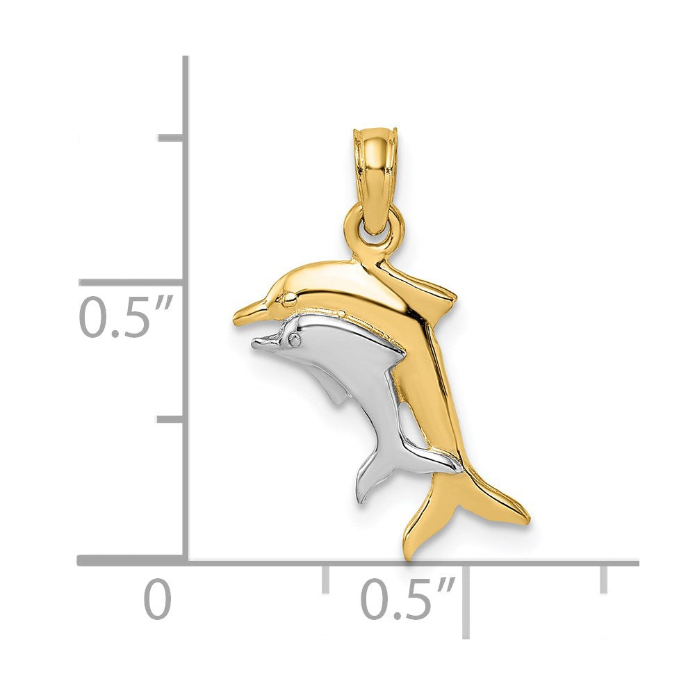 14K and White Rhodium 2-D Polished Dolphins Charm