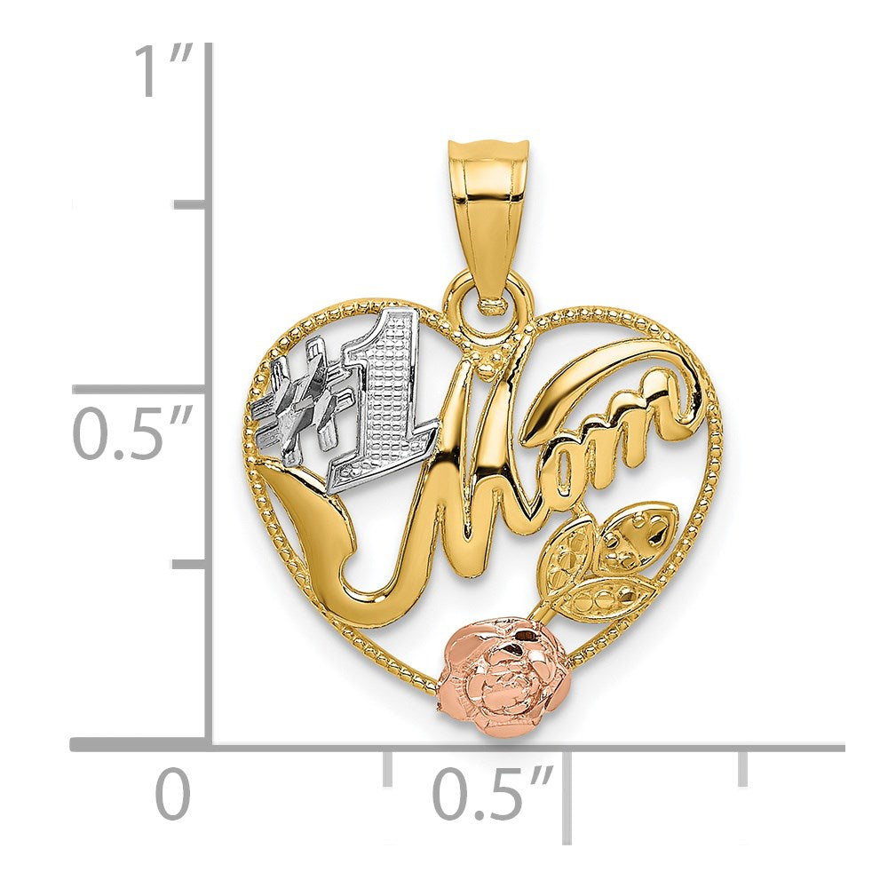 14k Two-tone with White Rhodium #1 MOM with Flower Heart Charm