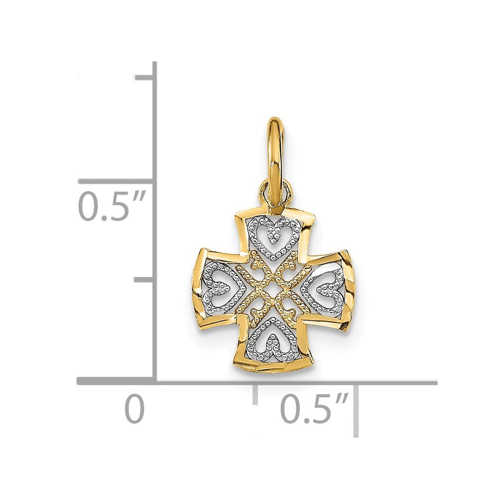 14K and White Rhodium Small Diamond-cut Hearts Maltese Cross Charm
