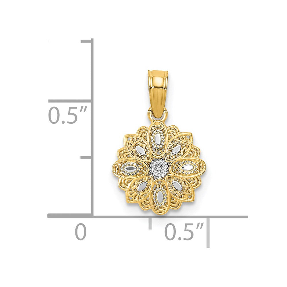 14K and White Rhodium Diamond-cut Mini Filigree Flower Charm