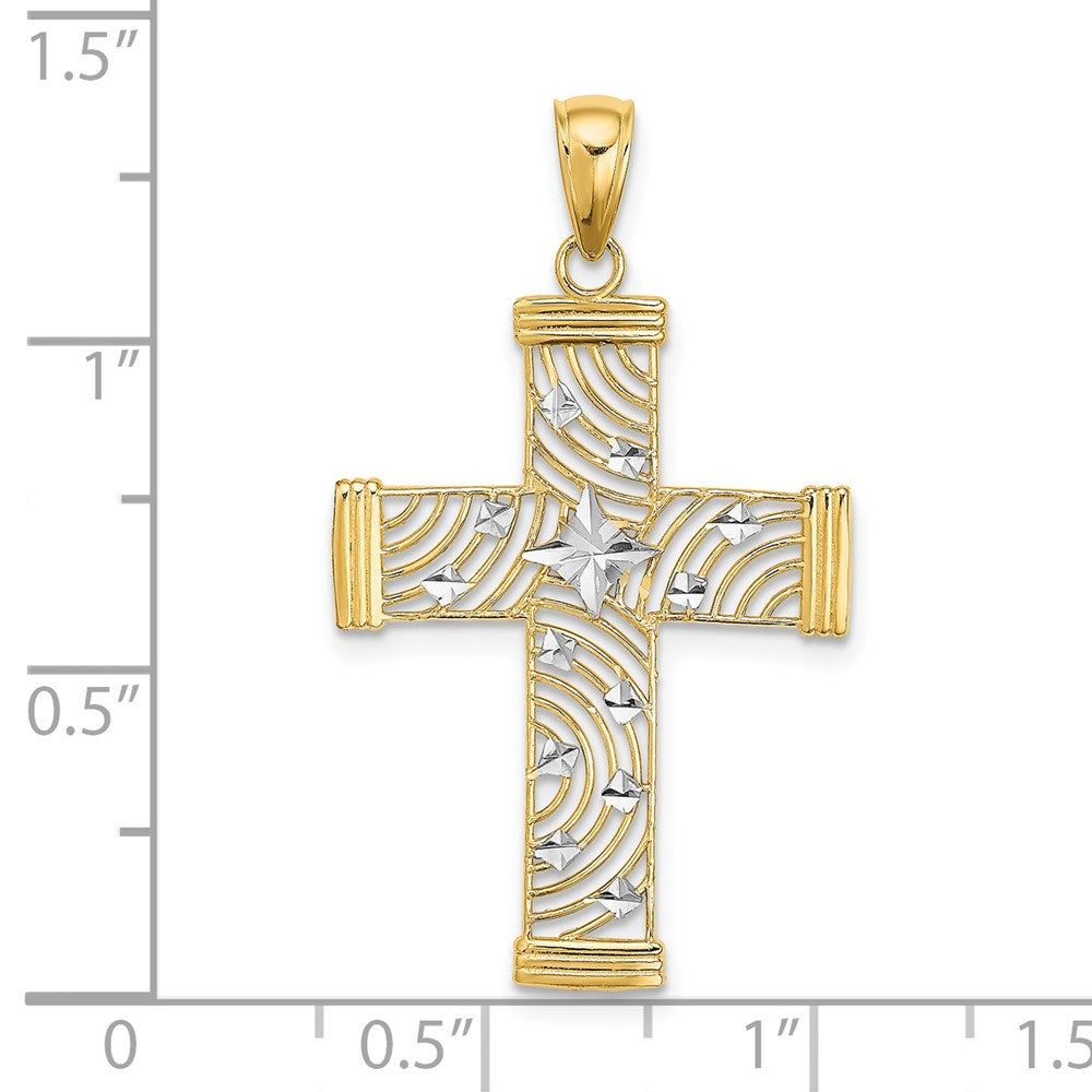 14K and White Rhodium Diamond-cut Stars Cut-Out Cross Charm