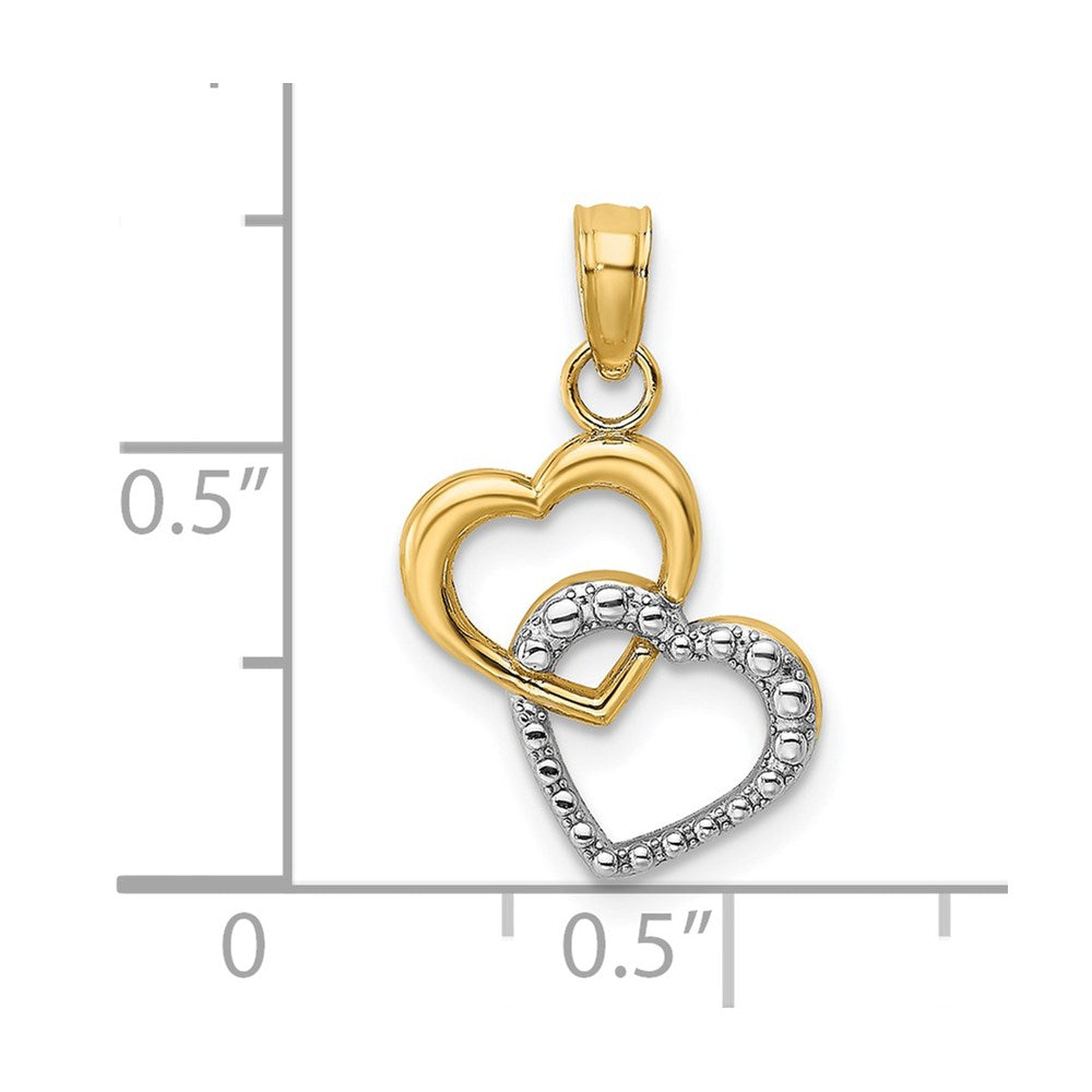 14k and White Rhodium Polished and Textured Intertwined Hearts Charm