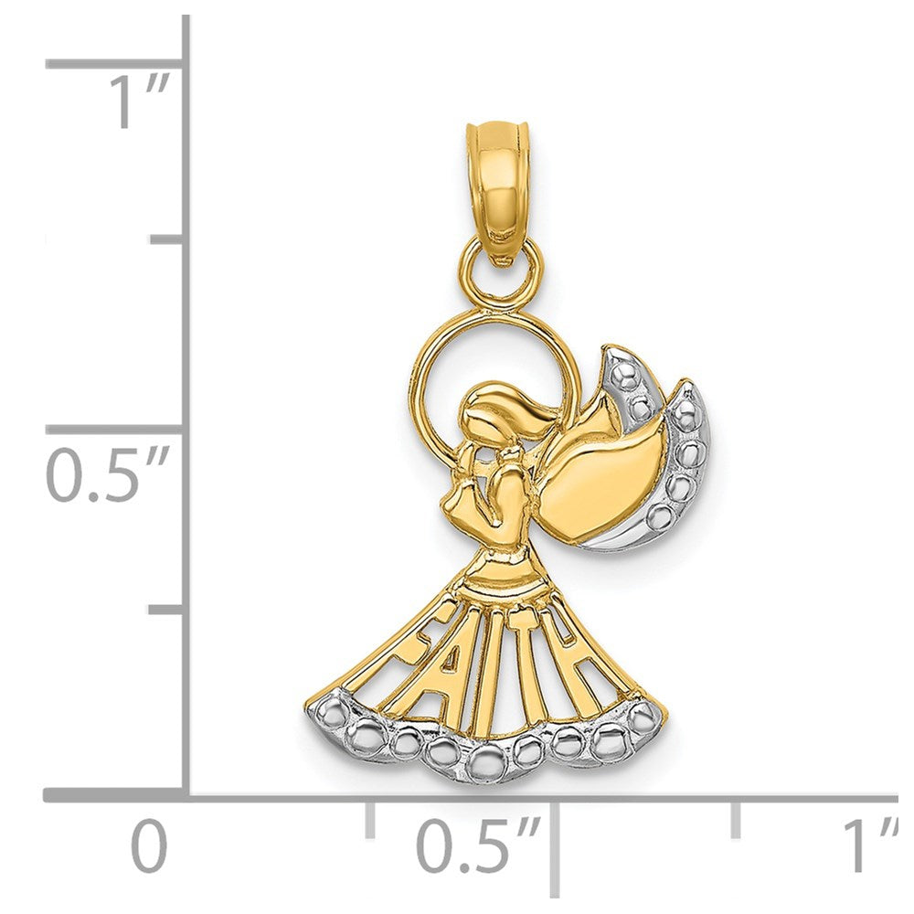 14K and White Rhodium Polished and Textured FAITH Angel Pendant