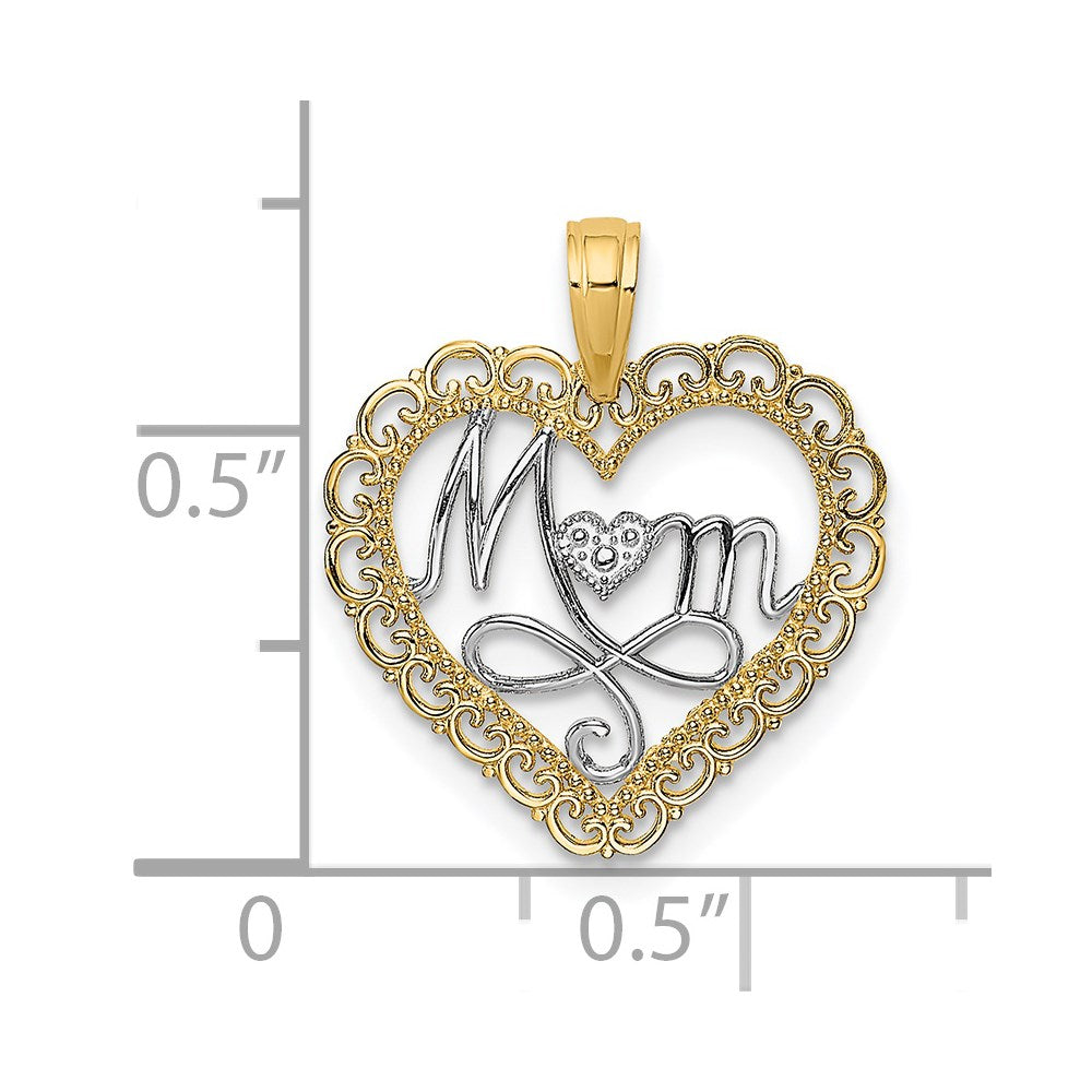 14k with White Rhodium Cut-Out MOM In Scalloped Heart Charm