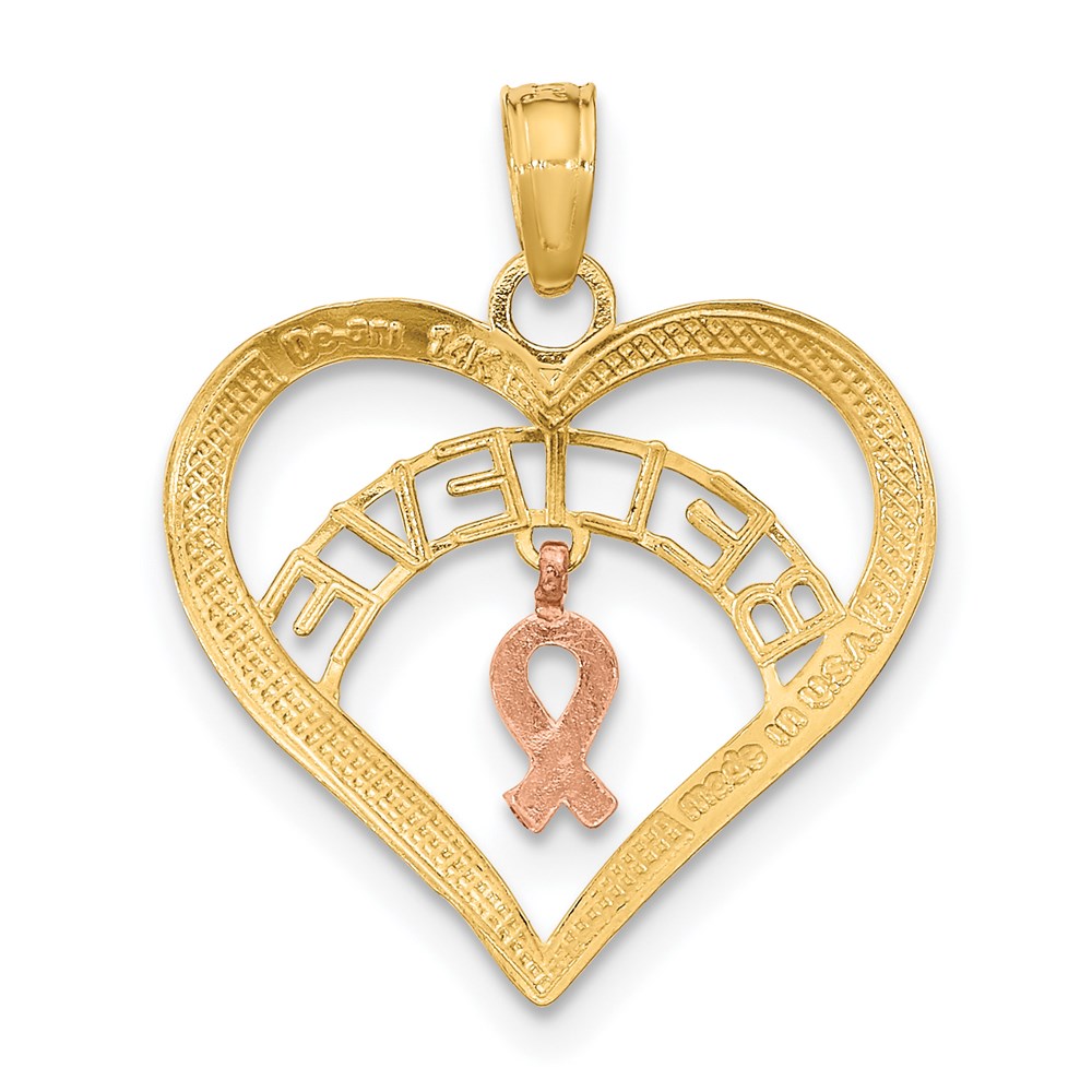 14k Two-tone with White Rhodium BELIEVE in Heart with Awareness Ribbon Pendant