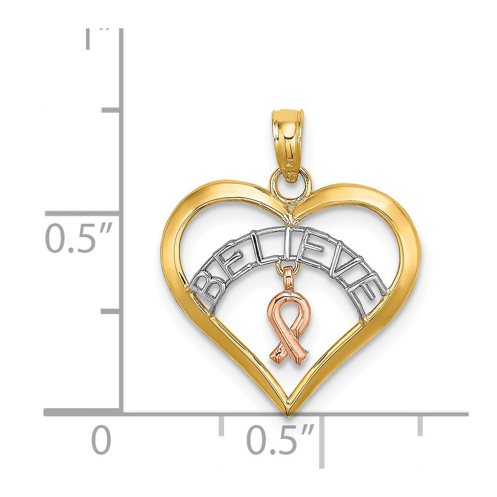 14k Two-tone with White Rhodium BELIEVE in Heart with Awareness Ribbon Pendant