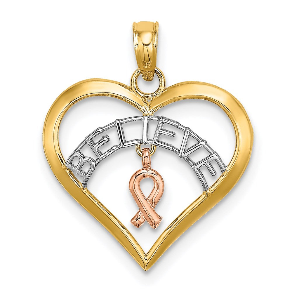 14k Two-tone with White Rhodium BELIEVE in Heart with Awareness Ribbon Pendant