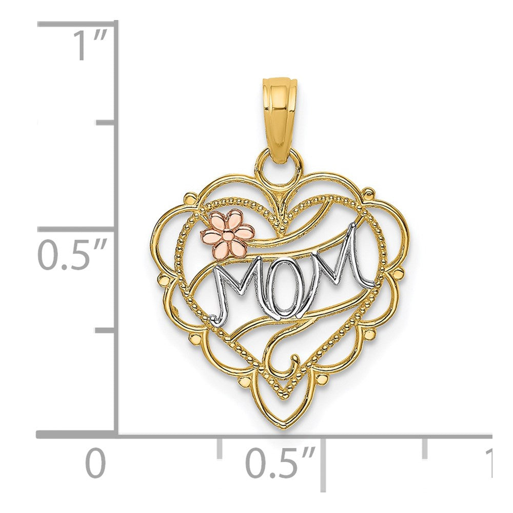 14k Two-Tone with White Rhodium MOM Heart with Flower Charm