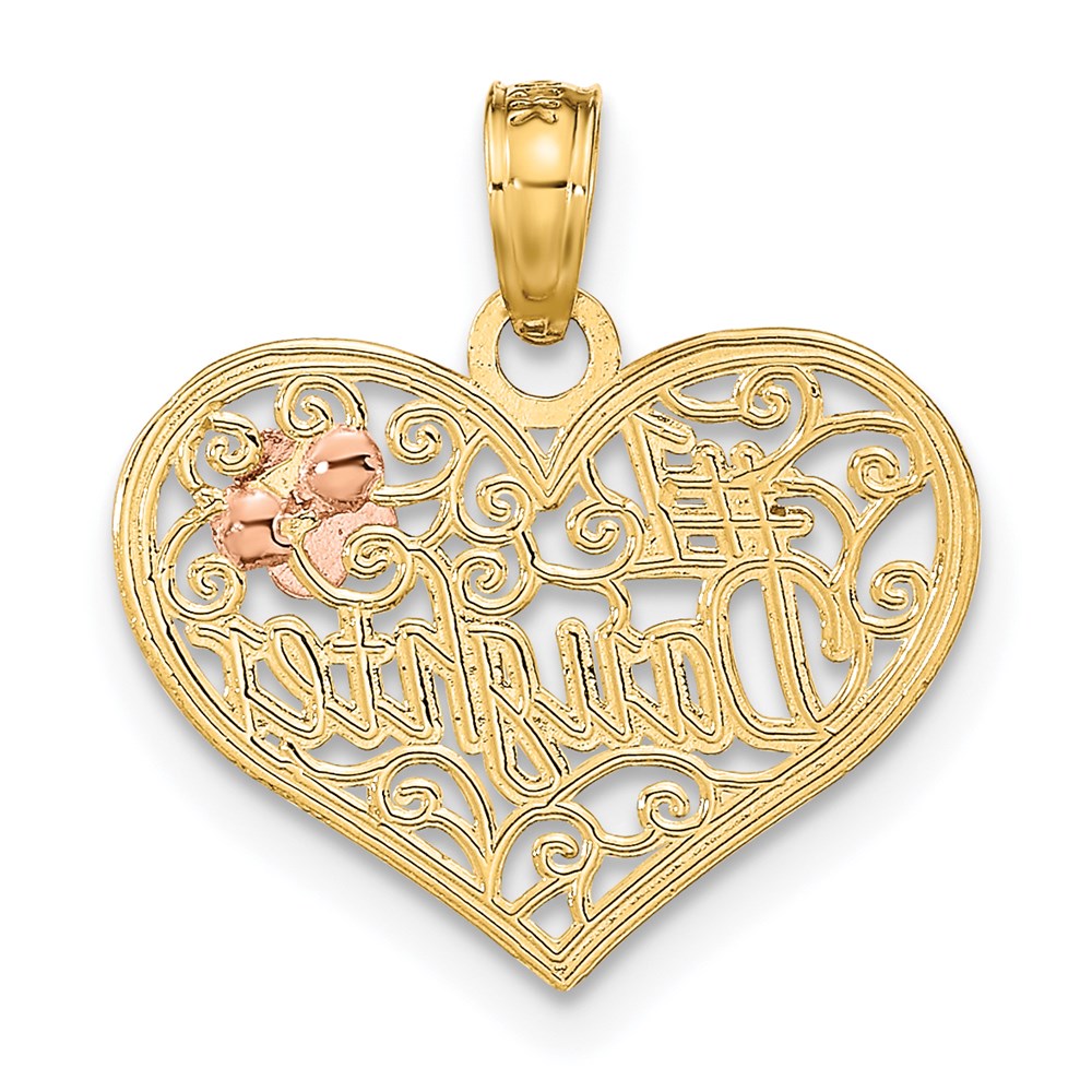 14k Two-tone with White Rhodium #1 DAUGHTER In Heart with Flowers Charm