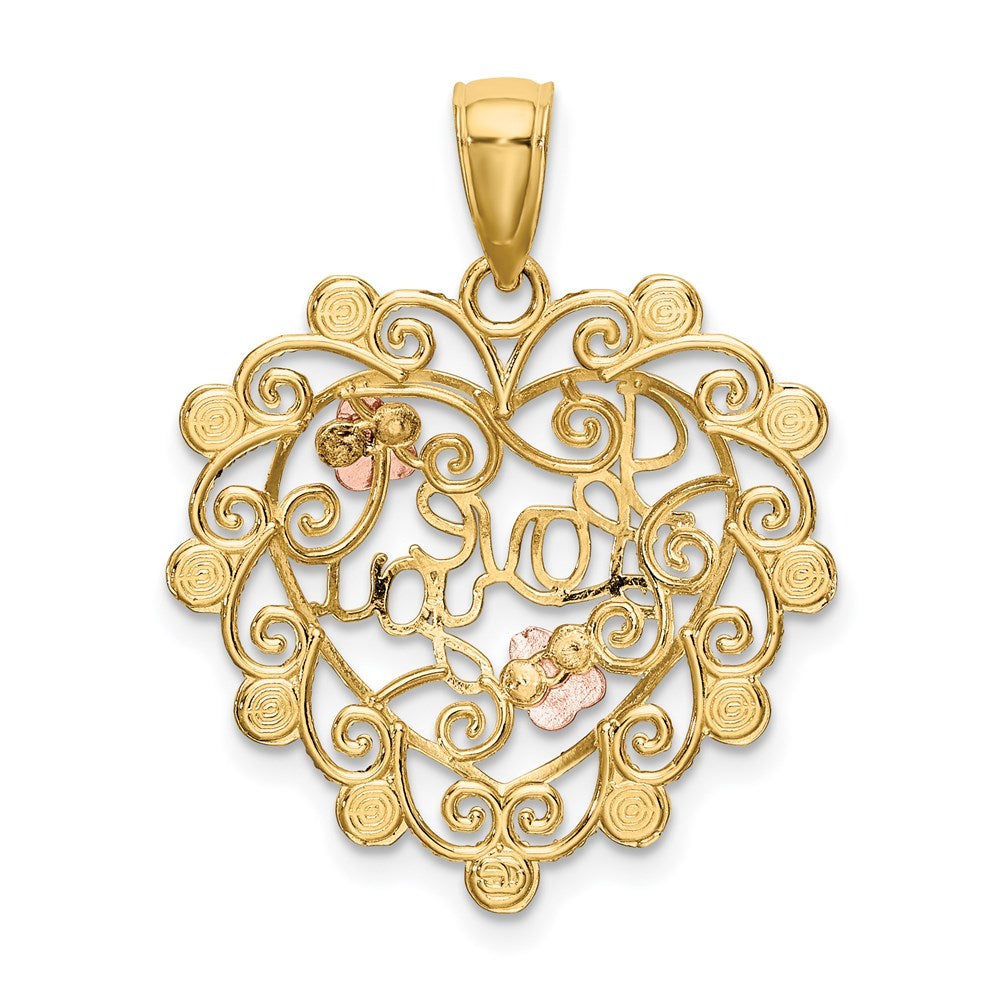 14k Two-tone and White Rhodium I LOVE YOU Filigree Heart with Flowers Charm