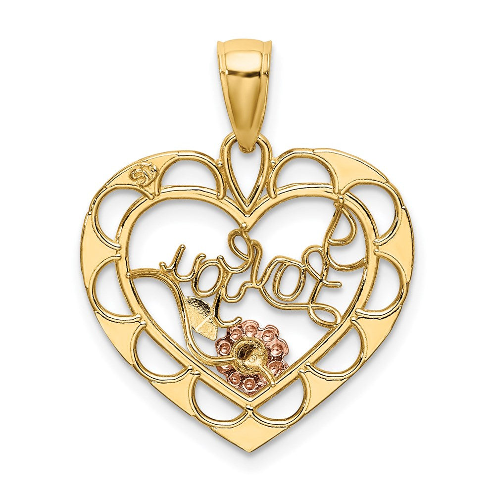 14k Two-one and White Rhodium I LOVE YOU Heart with Flower Charm