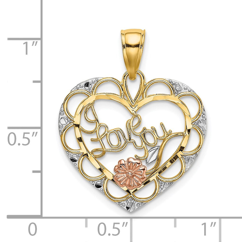14k Two-one and White Rhodium I LOVE YOU Heart with Flower Charm