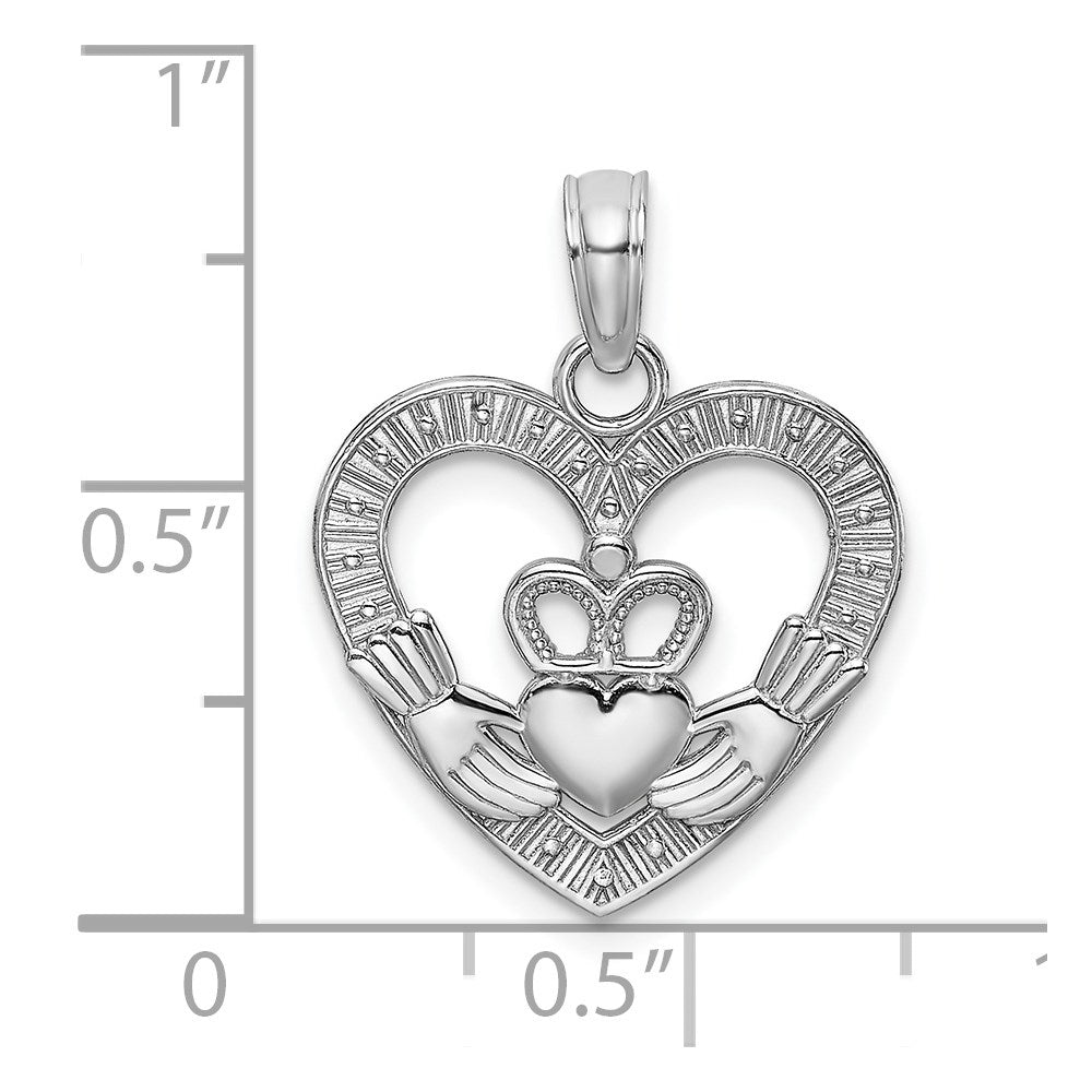 14K White Gold Polished and Textured Heart Claddagh Charm
