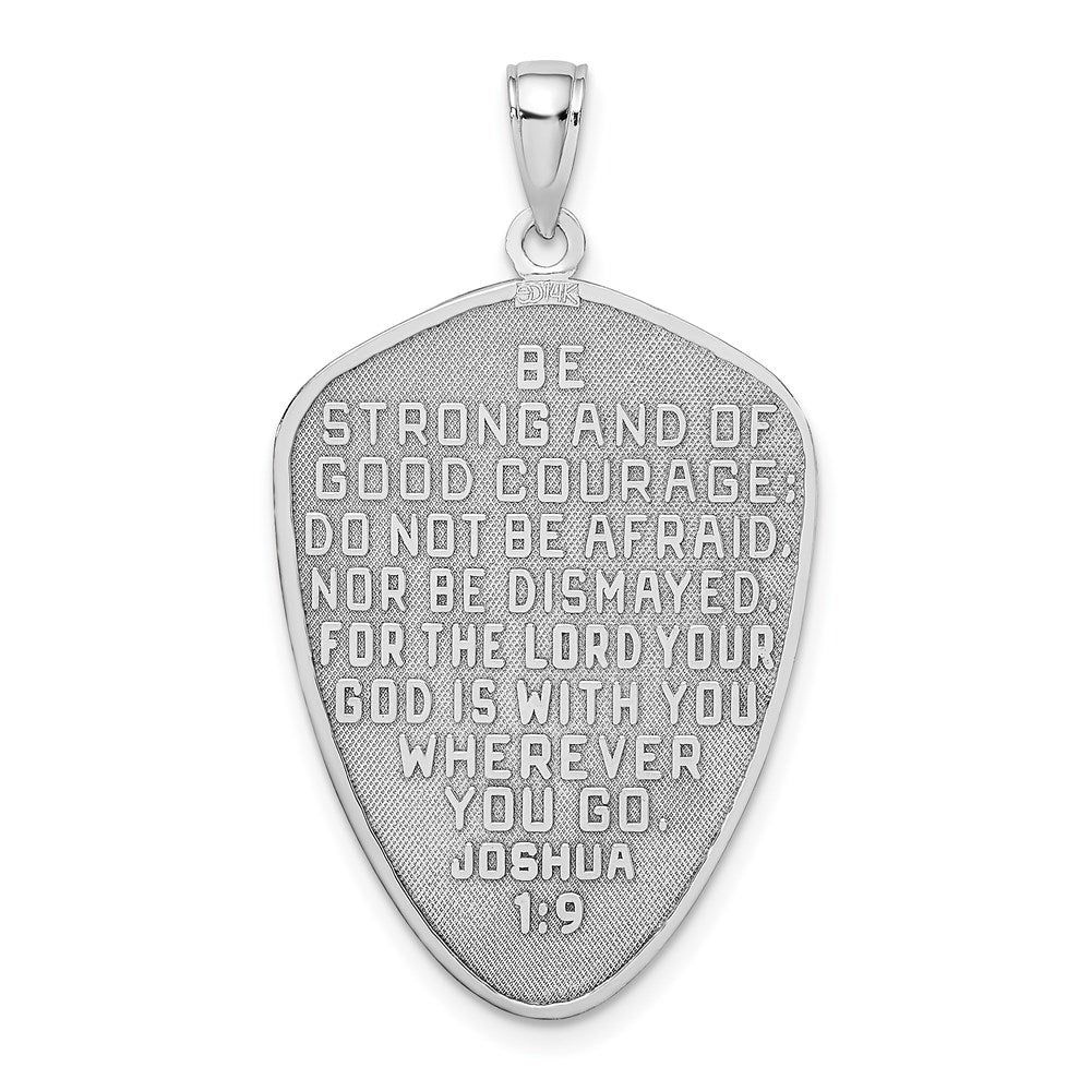 14k White Gold Cross Shield with Joshua 1:9 On Reverse Charm