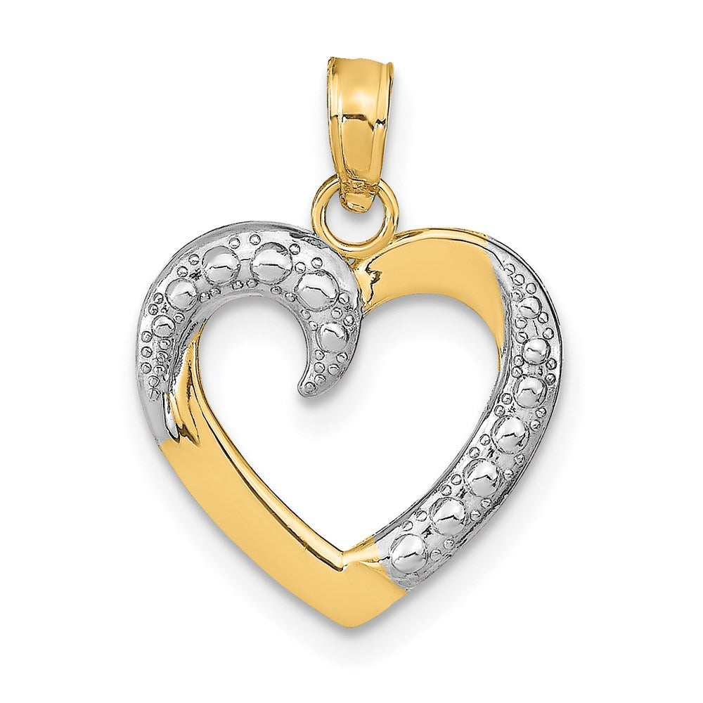 14K and White Rhodium Polished and Textured Open Heart Pendant