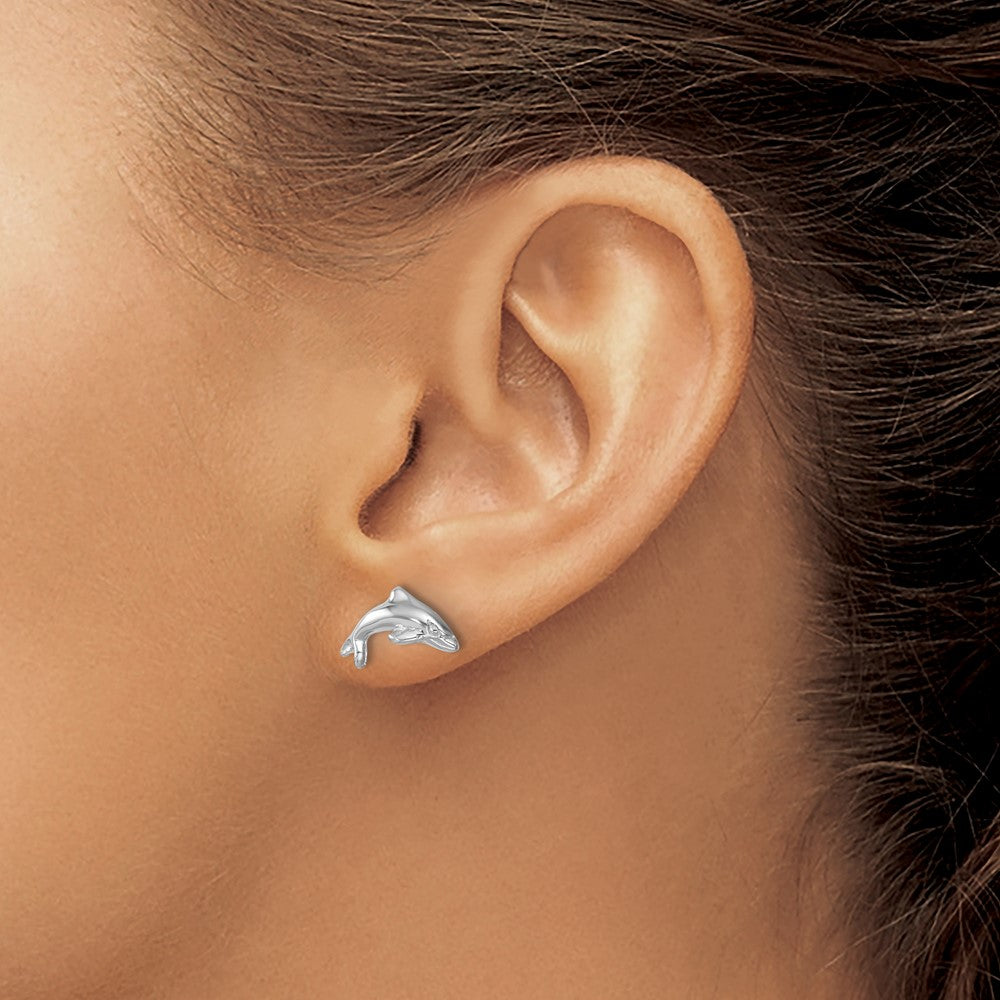 Sterling Silver Rhodium-plated Polished Dolphin Post Earring
