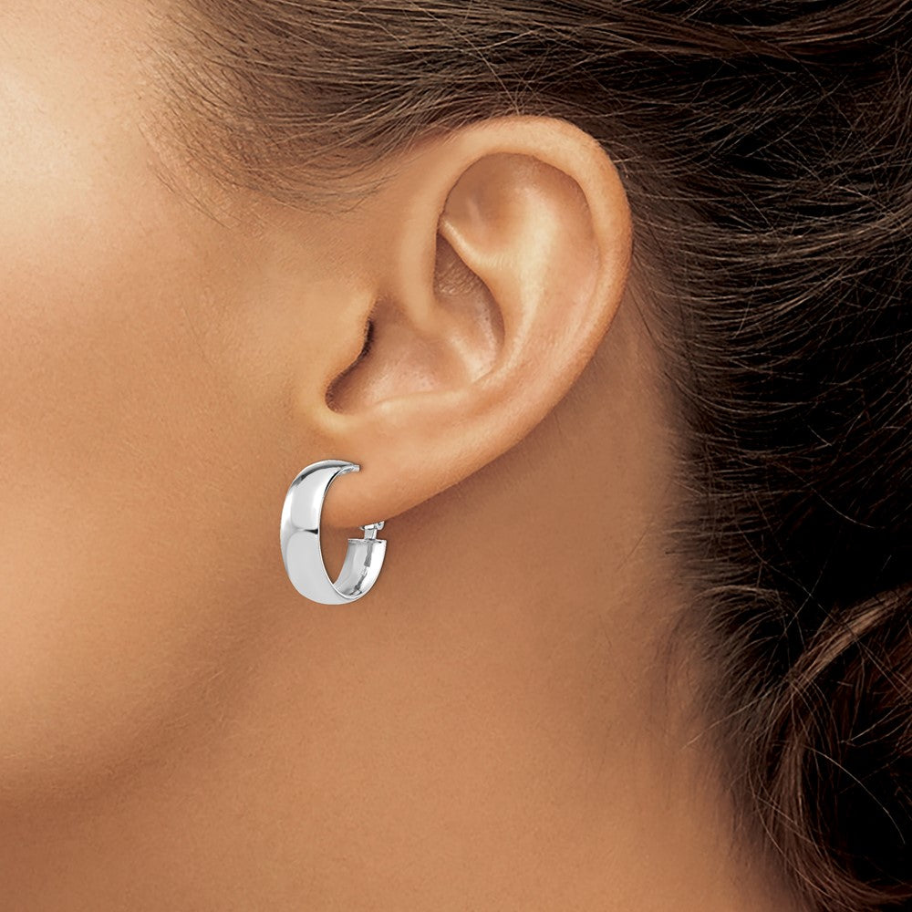 14K with White Rhodium Plating High Polished 6mm Omega Back Hoop Earrings