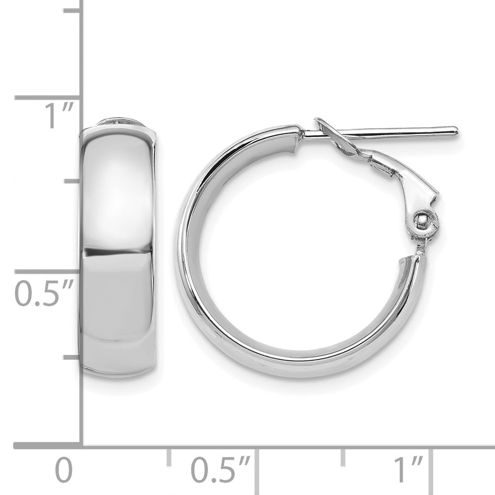 14K with White Rhodium Plating High Polished 6mm Omega Back Hoop Earrings