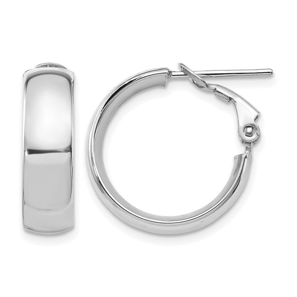 14K with White Rhodium Plating High Polished 6mm Omega Back Hoop Earrings