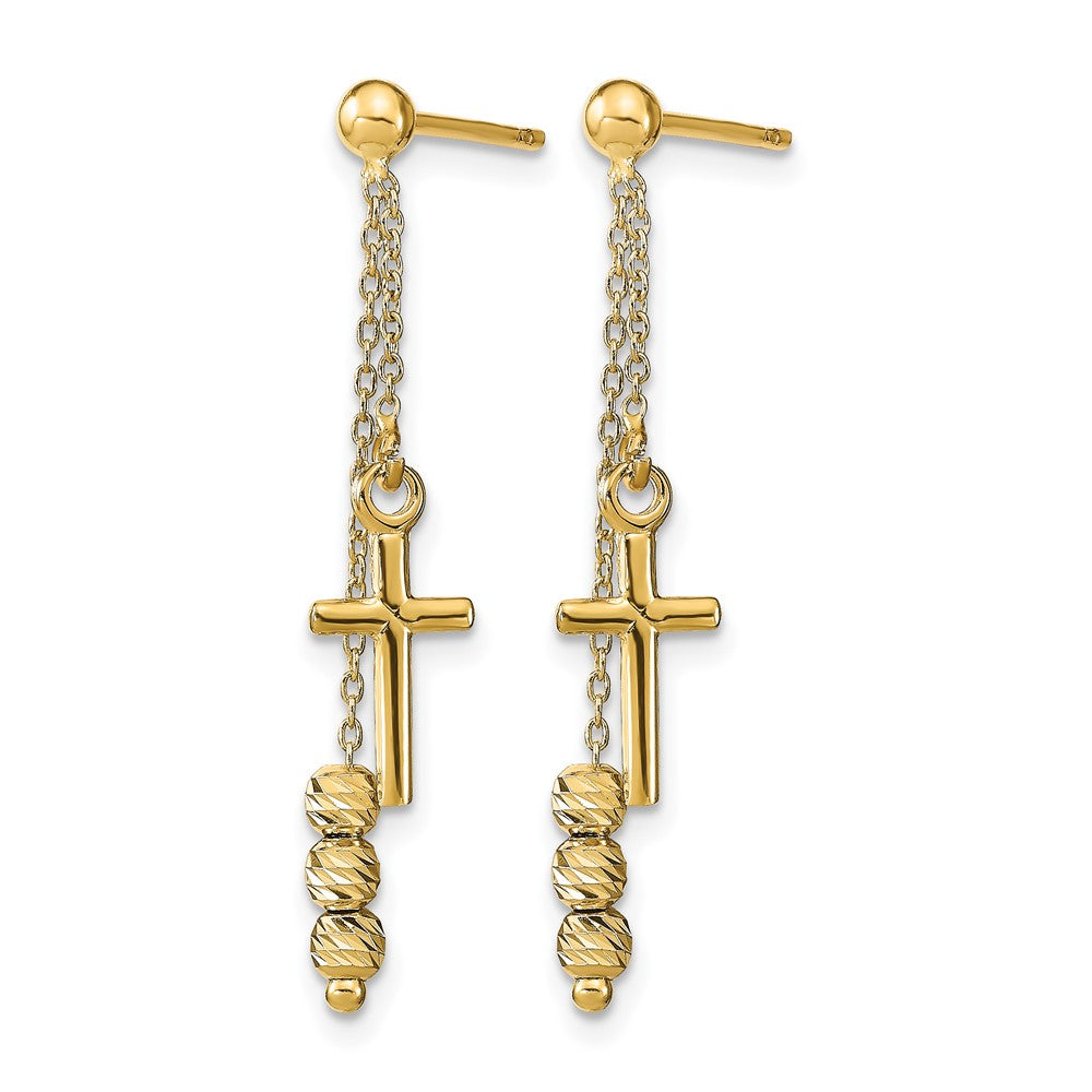 14K Polished D/C Cross Beaded Post Dangle Earrings