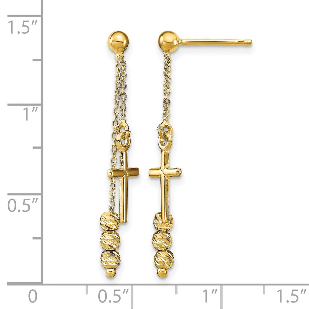 14K Polished D/C Cross Beaded Post Dangle Earrings