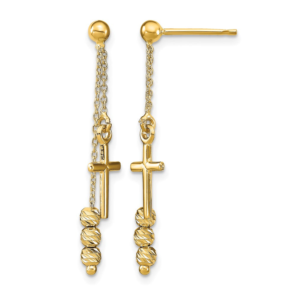 14K Polished D/C Cross Beaded Post Dangle Earrings