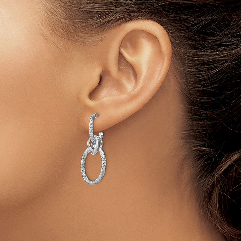 14K w/ White Rhodium Plated Polished Textured Post Dangle Earrings